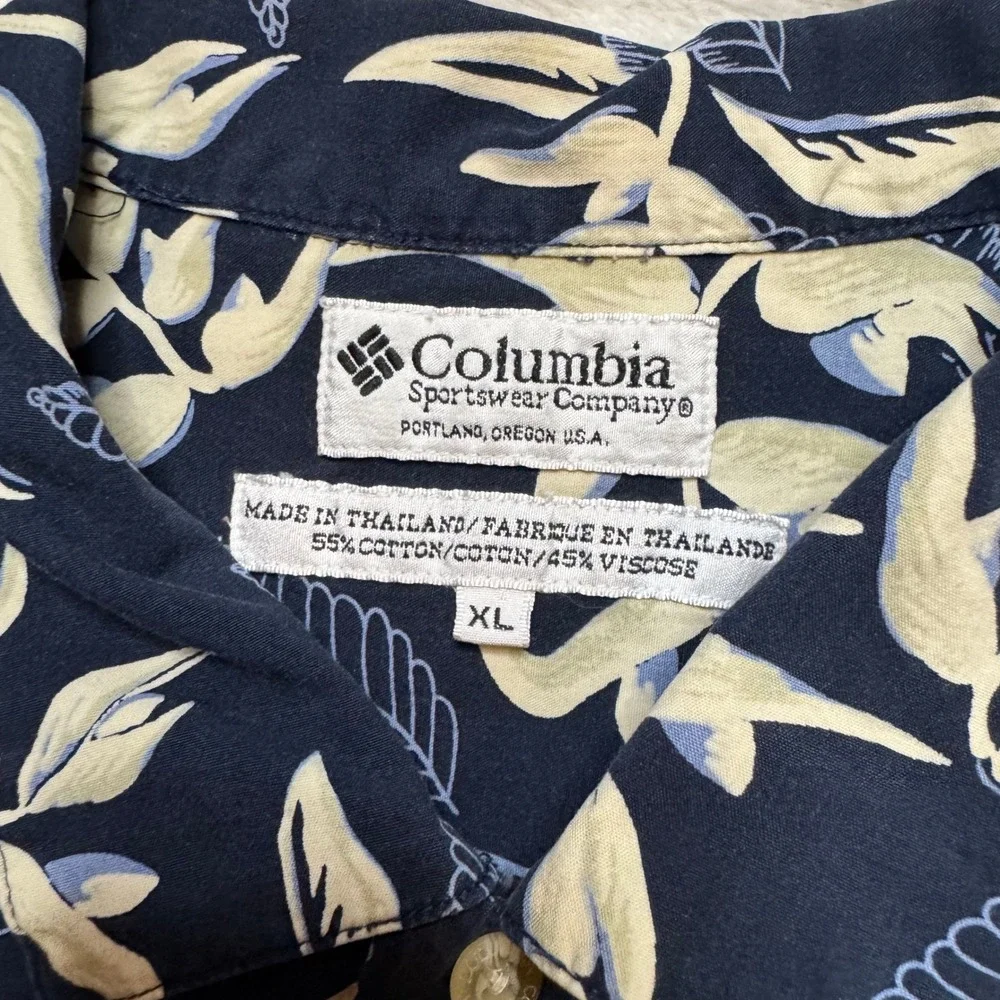 Columbia Mens XL Navy‎ Blue Button Up Shirt Short Sleeve Leaf Print Hawaiian